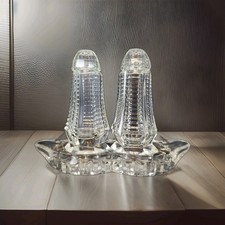 CRYTAL CLEAR. Pillar Shaped Salt & Pepper Shakers With Underplate - Lot of 3  picture