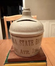 Vintage Macomb Stoneware Mini Jug Bank Iowa State Bank Mt Aye, Iowa Miniature picture