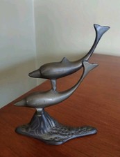 Vintage Brass Double Dolphin Statue Decor Figurine Nautical 5.5