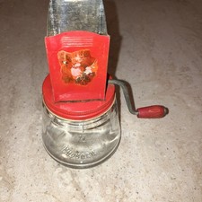 Vintage Androck 49 Hand Crank Nut Grinder Red Glass Jar w/ Lid & Wood Handle picture