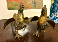 Pair of brass fighting Rooster Figurines with Wings Spread picture