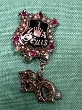 Vintage ZETA TAU ALPHA Fraternity Pin 10 kt White-Gold w/Seed Pearls & Rubies picture