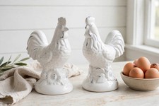 Farmhouse White Rooster Salt & Pepper Shakers - Distressed Ceramic Chicken picture