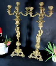PAIR XL antique zamac metal Candelabras candle holder caryatid boy girl figurine picture