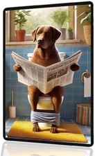 Funny Dog Bathroom Wall – Labrador on Toilet Reading Newspaper Tin Metal Signs picture