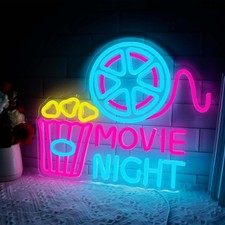 Movie Night With Popcorn Paper Box Neon Sign, Cinema LED Neon Light for Wall ... picture