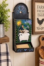 VTG Hand Painted Metal Wall Mount Match Holder Primitive Farmhouse Kitchen Deco picture