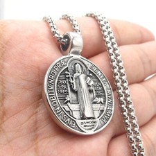 Colgante de San Benito Cadena para Hombre Mujer Collar Medalla  Acero Inoxidable picture
