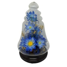 VTG Floral Arrangement Glass Cloche Dome Blue Faux Flowers Wood Base Bell Jar picture
