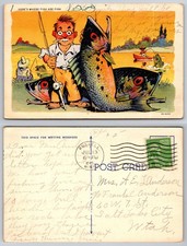 1945 Russell KS Postcard Funny Fisherman Huge Fish Cartoon Colortone picture