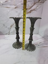 Art Deco Revival Verdigris Fluted Candle Holders Pair Vintage Large picture