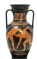 Greek Red-Figure 2-Handled Amphora 10” • Museum Copy •Wrestlers Signed Koulouria picture
