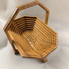 VTG Hand Carved Rosewood Collapsible Folding Basket Bowl, Rose Motif Octagon picture
