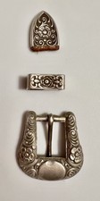 Vintage Nelson Sterling Silver 26g 3-Pc Western Belt Buckle Set Floral Tooled picture