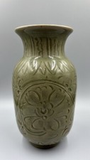 Antique Chinese Celadon Porcelain Vase Hand Carved Floral 7