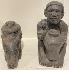 Vintage Philippine Igorot Folk Art Composite Figures Pig Box & Man Sculpture picture