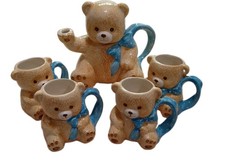Vintage Tienshan Theodore Country Bear Ceramic 5pc Set Teapot & 4 Figural Mugs picture