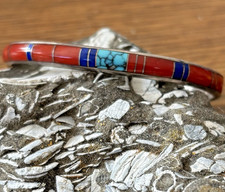 Signed Rose Ann Long Navajo Sterling Inlay Bracelet Coral Turquoise Lapis 1970's picture