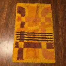 Vintage 70s Shag Rug MCM Mid Century Abstract Geometric Orange Yellow Rya Plush picture