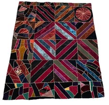 Antique Victorian Velvet Crazy  Patchwork Quilt Embroidery 61 X 74 Featherstitch picture