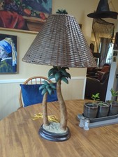 Vintage Papila Design Palm Tree Lamp w/ Rare Woven Wicker Shade Excellent Cond picture