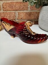 Fenton Ruby Red Amberina Signed Cat Head Glass Slipper - Hand Painted Gold Decor picture