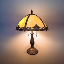 Vtge Dale Tiffany Slag Glass Brass 6 Panel Dual Bulbs/Cords Table Lamp Stunning picture