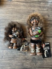 Kiana of Alaska Vintage Wood Carved Real Fur Collectible Dolls Lot Of 2 picture