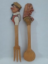 Vintage Folk Art Hand Carved Painted Man & Woman Spoons 9.5 - 9.75 in Long Italy picture