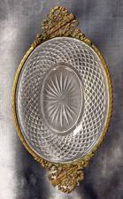 Antique Ornate Brass-Framed Cut/Pressed Glass Vanity Pin Dish picture