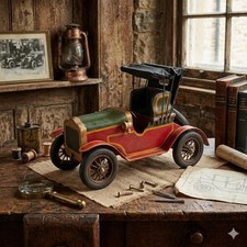 Vintage Wooden Model Car Antique Style Hand Painted Decor Red Green Gold 15 Inch picture