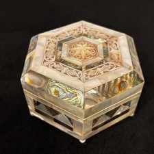 Vintage Mother of Pearl Abalone Hexagon Jewelry Trinket Box Carved Shell 4” picture