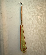 Vintage Metal Button Hook Tool Celluloid Orange Handle Green Inlay Rhinestone picture
