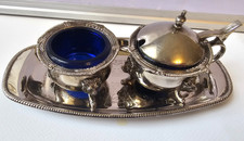 VINTAGE COBALT BLUE SALT CELLAR MUSTARD POT LION HEAD LEGS WITH TRAY picture