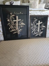 Antique Pair Of Hand Embroidered Religious Mourning / Memorial Cross Samplers picture