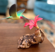 Hummingbird Sculpture Figurine on Red Flower on Burlwood, John Perry Studio, 7