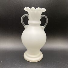 White Satin Cased Glass Double Handled Ruffle Vase picture