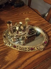 Vintage Sam Fink Gold Filigree Red Jewel Encrusted Mirrored 2 Pc Vanity Set Rare picture