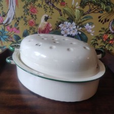 Vintage 1940s/50s enamel oval roasting tin with lovely green handles picture