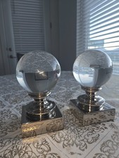 Pair of Vintage Crystal Glass Orb Bookends – Silver Chrome Pedestal Base picture