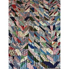 Antique Vintage 1930s Strip Scrappy Hand Quilted Quilt Colorful & Fun Handmade picture