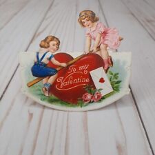 Vintage Valentine Card Girls on Seesaw Roses Die Cut Embossed Stand Up picture