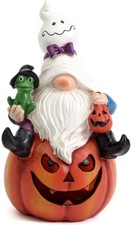 Halloween Gnome Statue for Holiday Decorations Ghost Gnome Sitting on Pumpkin... picture