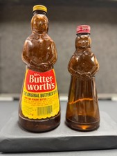 Vintage 1970s Mrs Butterworths Amber Glass Syrup Bottles Label 12oz 24oz Set of  picture