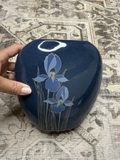 Vintage Otagiri Blue Iris Black Ceramic Oval Vase 1980s Japan Gold Trim 7.5 Inch picture