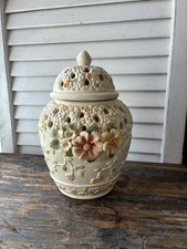 Vintage 3D Flowers Porcelain Temple Jar Urn Punch Hole Lid picture