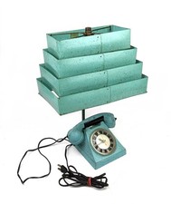 Vintage Trea Boye Kitsch Lighter Telephone Clock Teal Lamp Venetian Blind Shade picture
