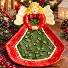 Vintage Studio Nova Woodland Holly Santa Angel Candy Dish Christmas Ceramic 2003 picture