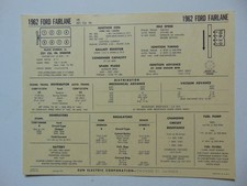 Sun Electric Corp 1962 Ford Fairlane V8 Tune-Up Card picture