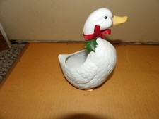 VINTAGE White DUCK GOOSE Ceramic Bisque Christmas Holly Ribbon Planter  64029 picture